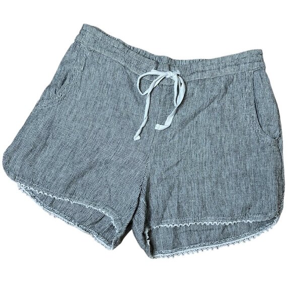 NORDSTROM CASLON Linen Blend Pinstripes Lace Trim Drawstring Shorts Size Medium - Picture 1 of 8